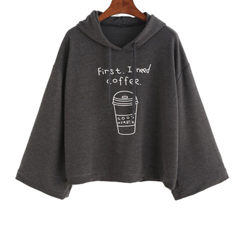  Korean  Funny Women Hoodies  Gray Long Sleeve Letter Print 