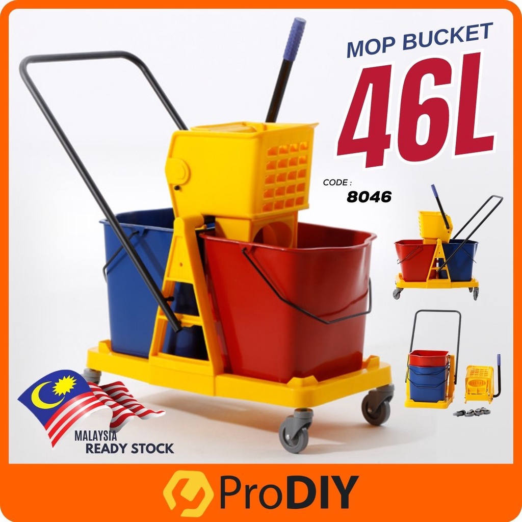 46L Clean Mop Bucket Double Barrel Hotel Squeeze Mop Bucket Wringer Hand 8046