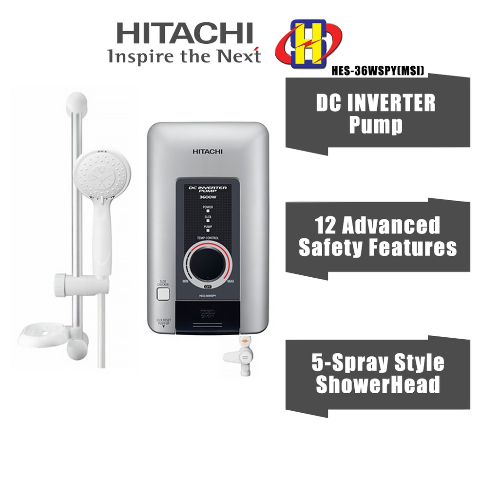 Hitachi Water Heater (DC Pump / 3600W) Inverter 5-Spray Style ShowerHead Instant Water Heater HES-36WSPY(MSI)