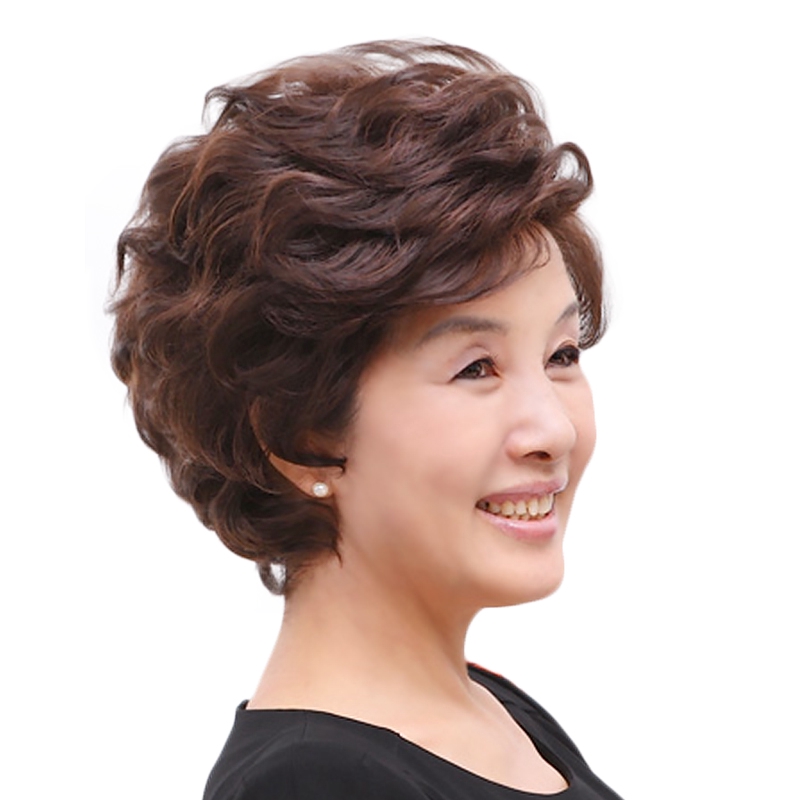 Real Hair Wig Female Short Hair Mother Fluffy Wig Set Middle