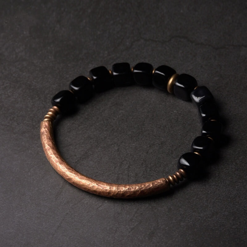 Cubic Black Agate Bracelet With Handcrafted Antique Copper Accessories Trendy Protection Stone Jewelry for Men Women