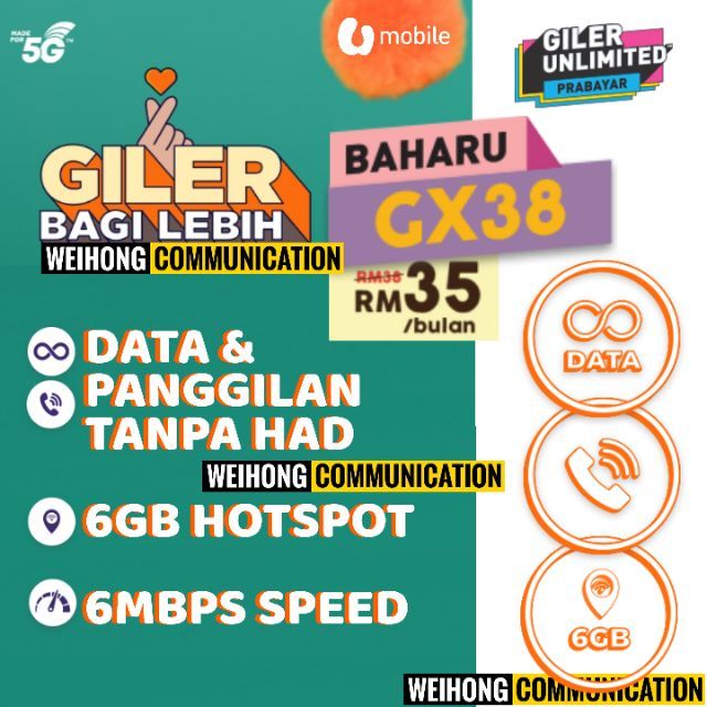 Gx38 Umobile Prepaid Unlimited Call Data 6mbps Speed Shopee Malaysia