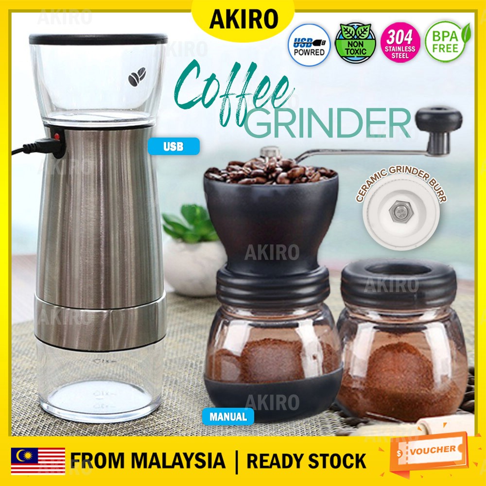 AKIRO Electric Coffee Grinder Ceramic Burr 304 Stainless Steel USB Auto