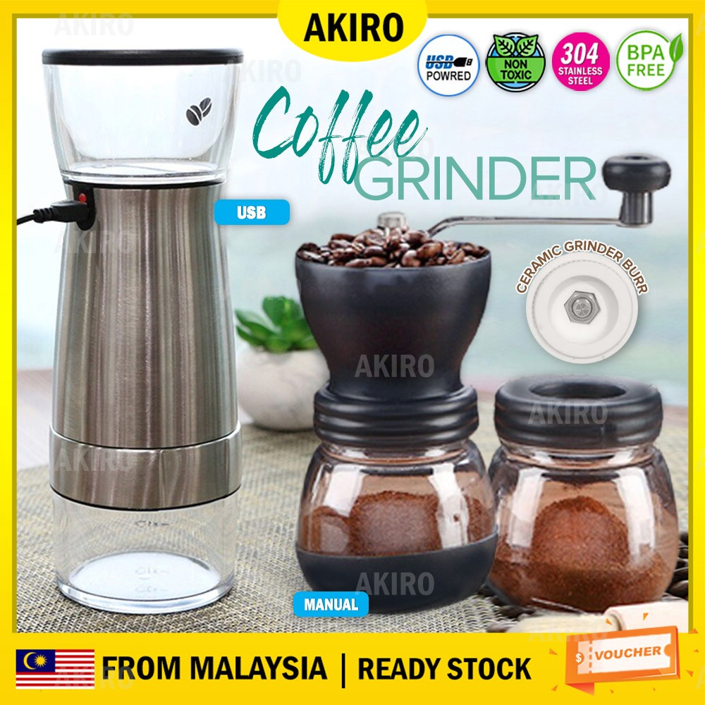 AKIRO Electric Coffee Grinder Ceramic Burr 304 Stainless Steel USB Auto Coffee Bean Grinder Pengisar Kopi Rempah 咖啡研磨机