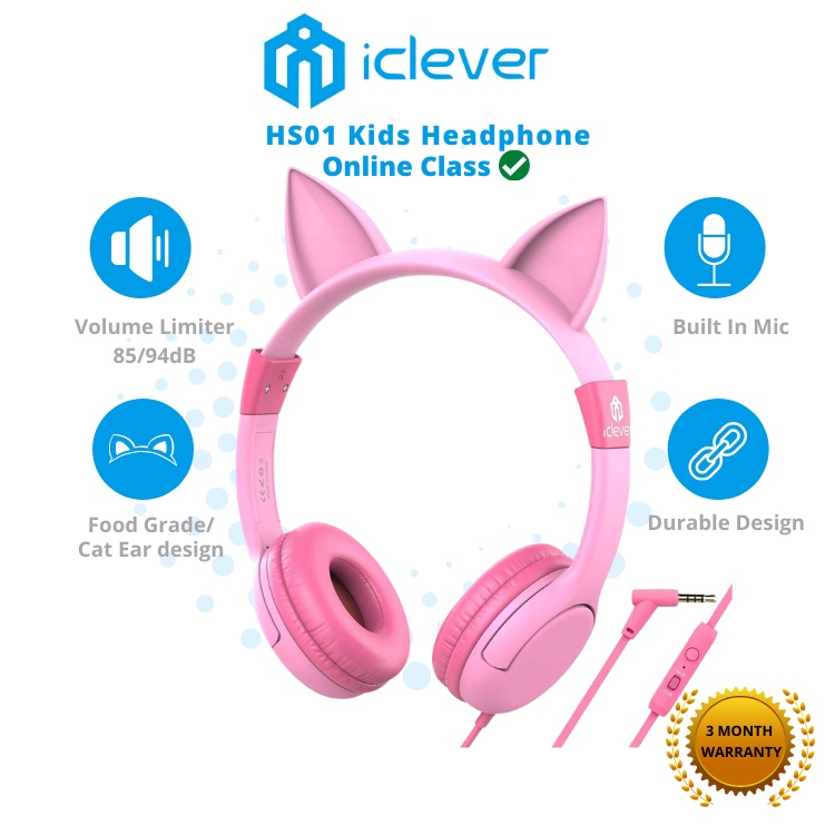 iClever HS01 Kids Headphones With  Cat Ear Pink Headphones, Mic, Food Grade Safe And  85/94dB Volume limited