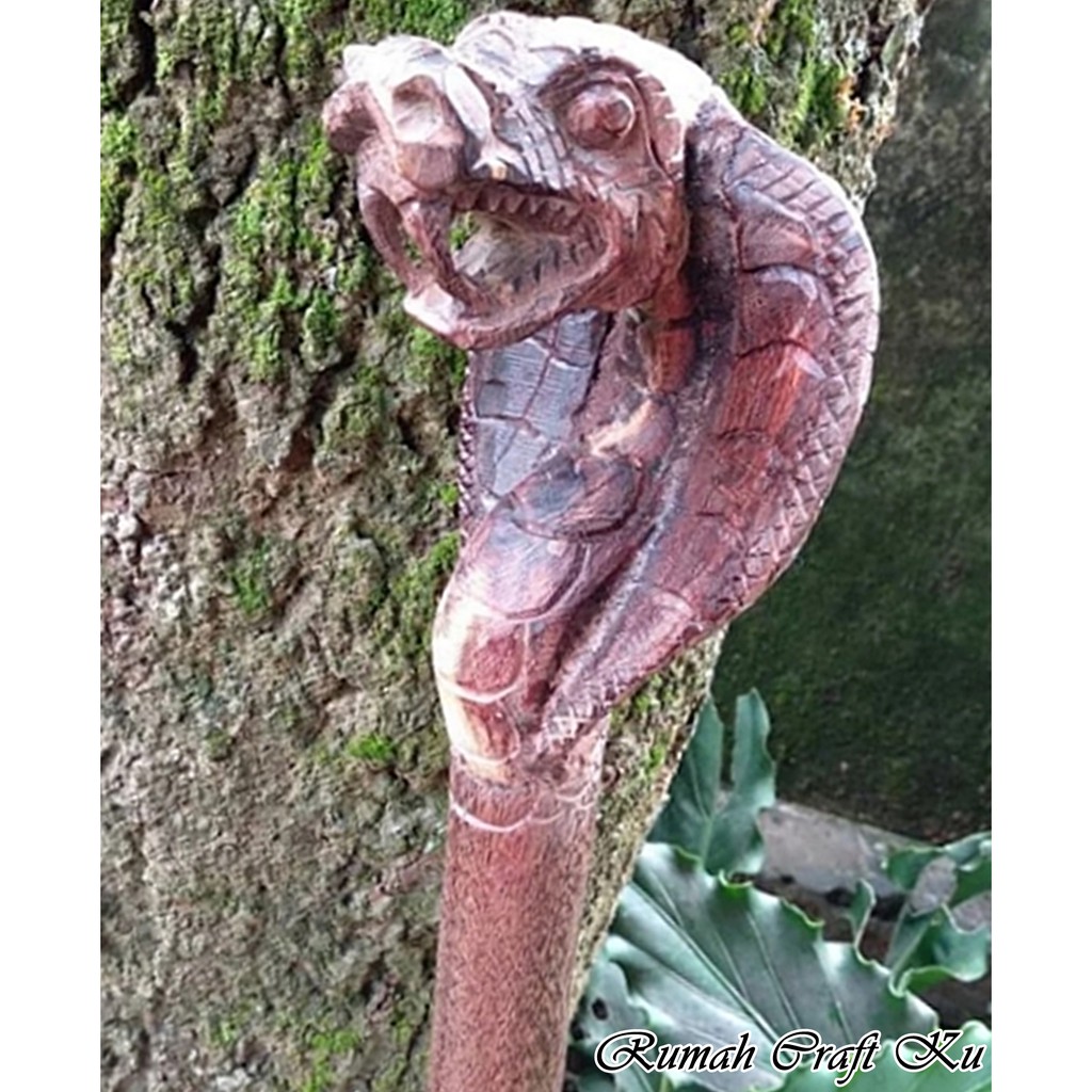 1 Meter Wooden Snake Head Carved Galih Asem Walking Stick Kobra Tongkat Jalan Unggulan Kayu