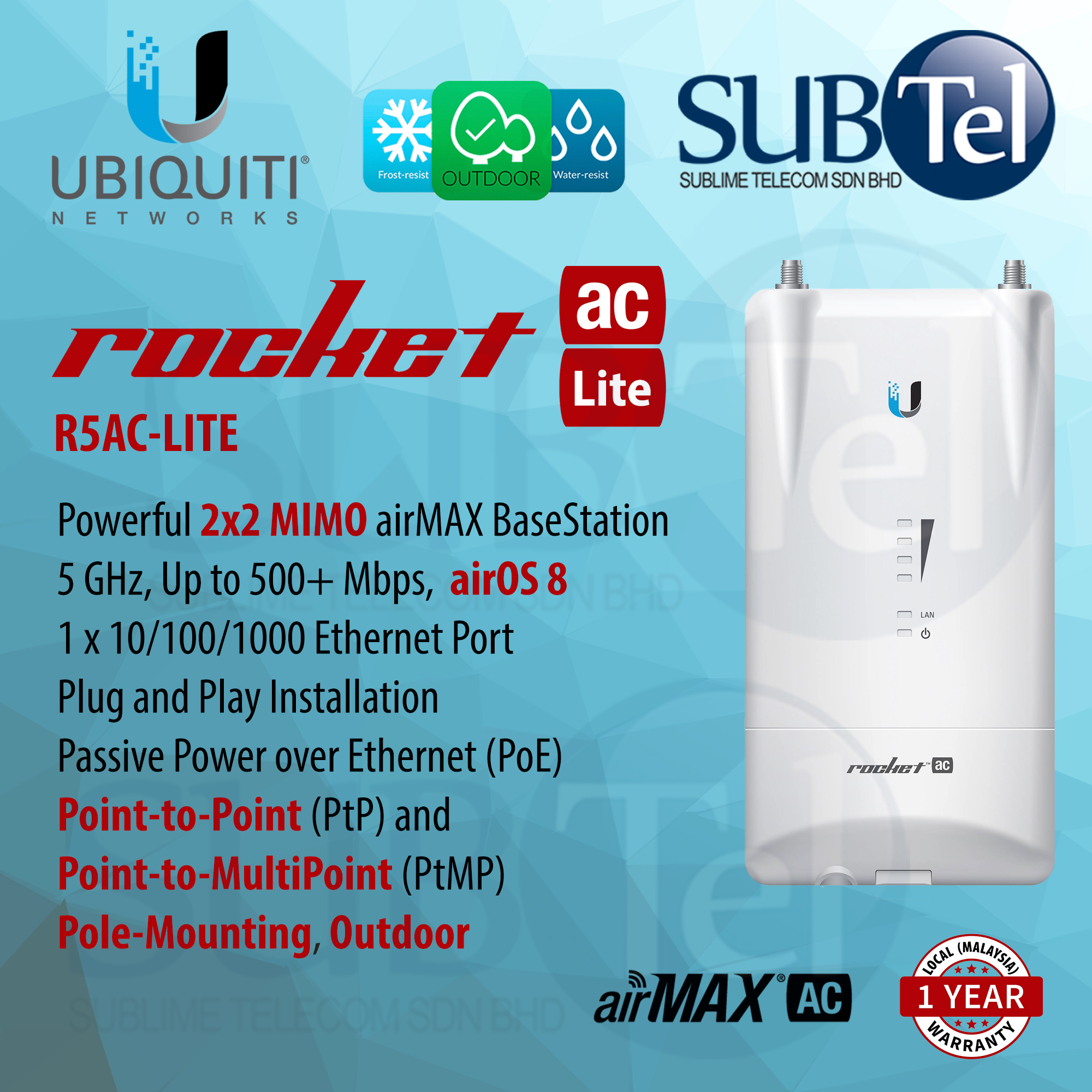 R5AC-Lite Ubiquiti Networks Rocket 5AC Lite Outdoor 5GHz AC BaseStation ...