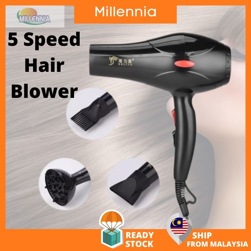 🔥Ready stock🔥 Professional And Home Use 5 Speed Hot Warm Cold Air Hair Blower Dryer 2400W Black Pengering Rambut 5 speed