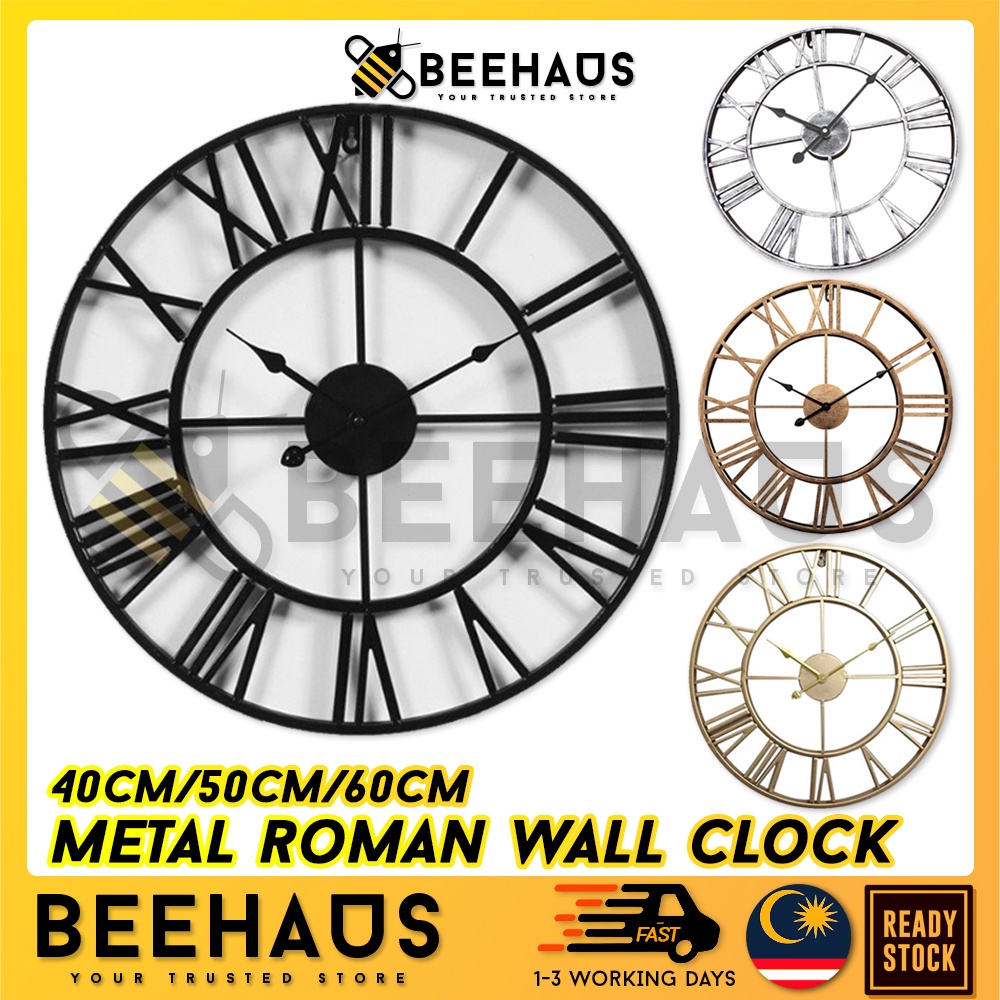 BEEHAUS Metal Roman Wall Clock Minimalist Iron Clock Large Vintage Wall Clock Decoration 40cm/50cm/60cm Jam Dinding