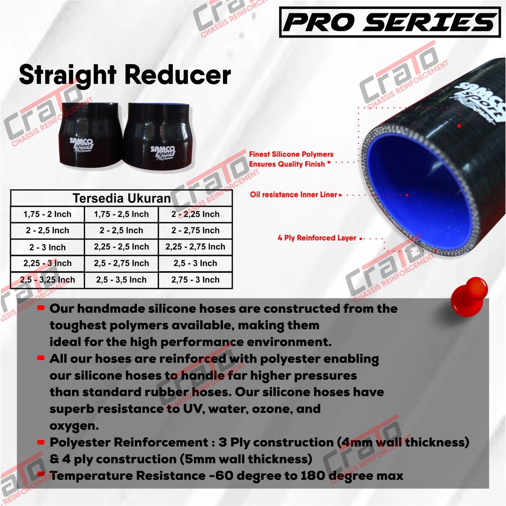 Samco PRO SERIES STRAIGHT REDUCER Silicone Hose - 1,75-2 - 1,75-2,5 - 2 - 2,25 - 2-2,5 - 2-2,75 - 2-3 - 2,25-2,5 - 2,25-2,75 - 2,25-3 - 2,5-2,75 - 2,5-3 - 2,5-3,25 - 2,5-3,5 - 2,75-3 - 2,75-3,25 Guaranteed Original Quality Durable, doesn't break