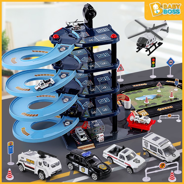 BabyBoss Children 5-floor Parking Lot Assembly Police Fire Rescue Alloy Toy Car Railway Set Kereta Polis Bomba