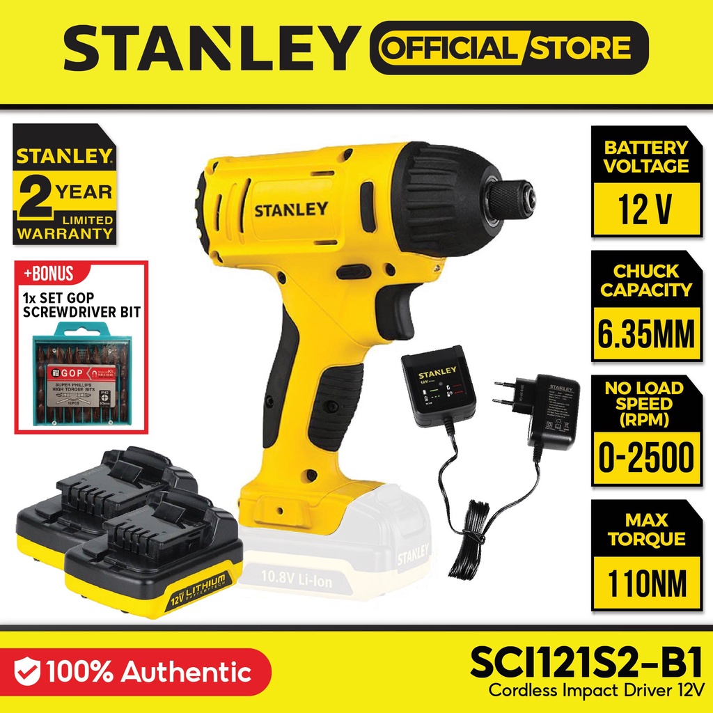 STANLEY Impact Driver (12V/2500RPM 3200OPM) + Battery (2 x 1.5Ah