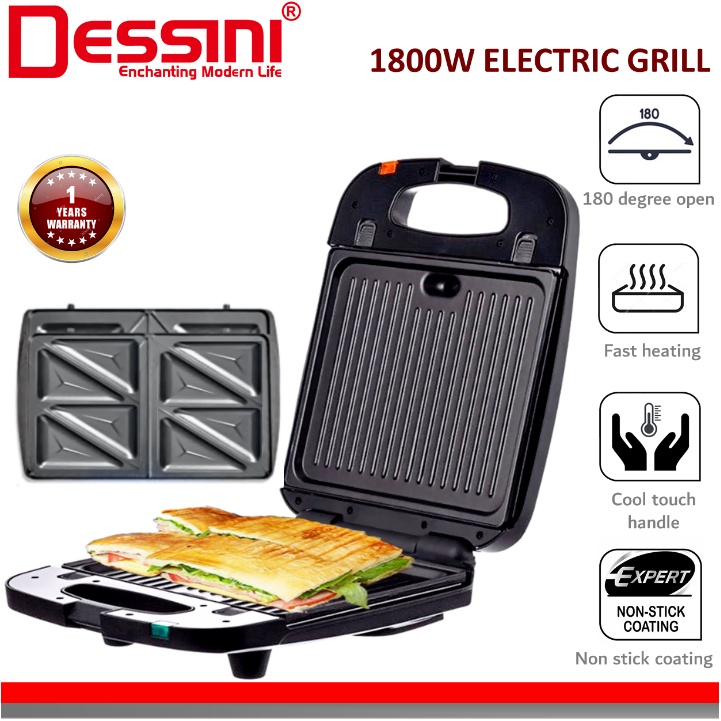 DESSINI ITALY 180° Open Double Sided Electric Pizza Panini Waffle Sandwich Maker Toaster BBQ Grill Non-Stick Baking Pan