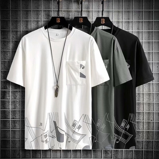 💥MOLLGE💥Summer new men's t shirt Korean version of loose printed pocket tshirt fashion short-sleeved t shirt men