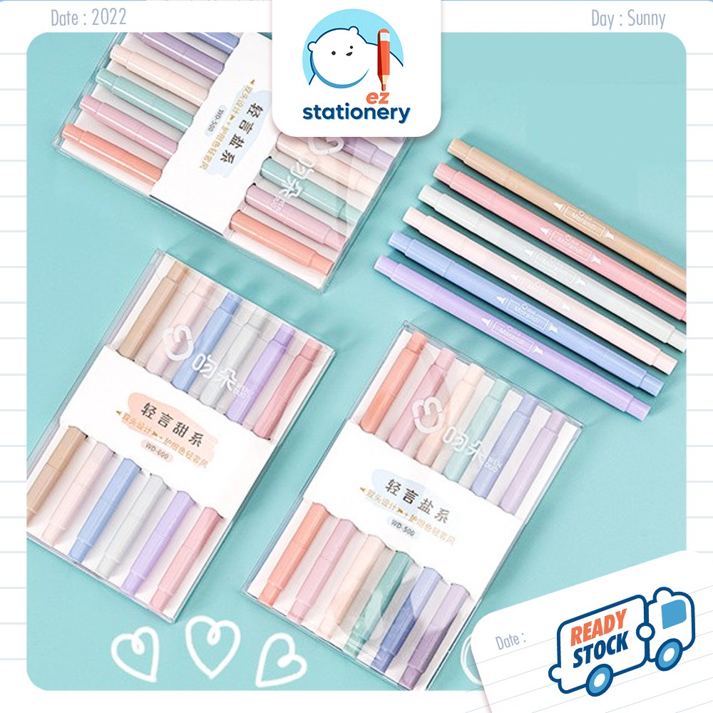 Ready Stock 6pcs Double Head Soft Tip Pastel Color Highlighter Set Vintage Light Colour Marker Journal Pen Stationery