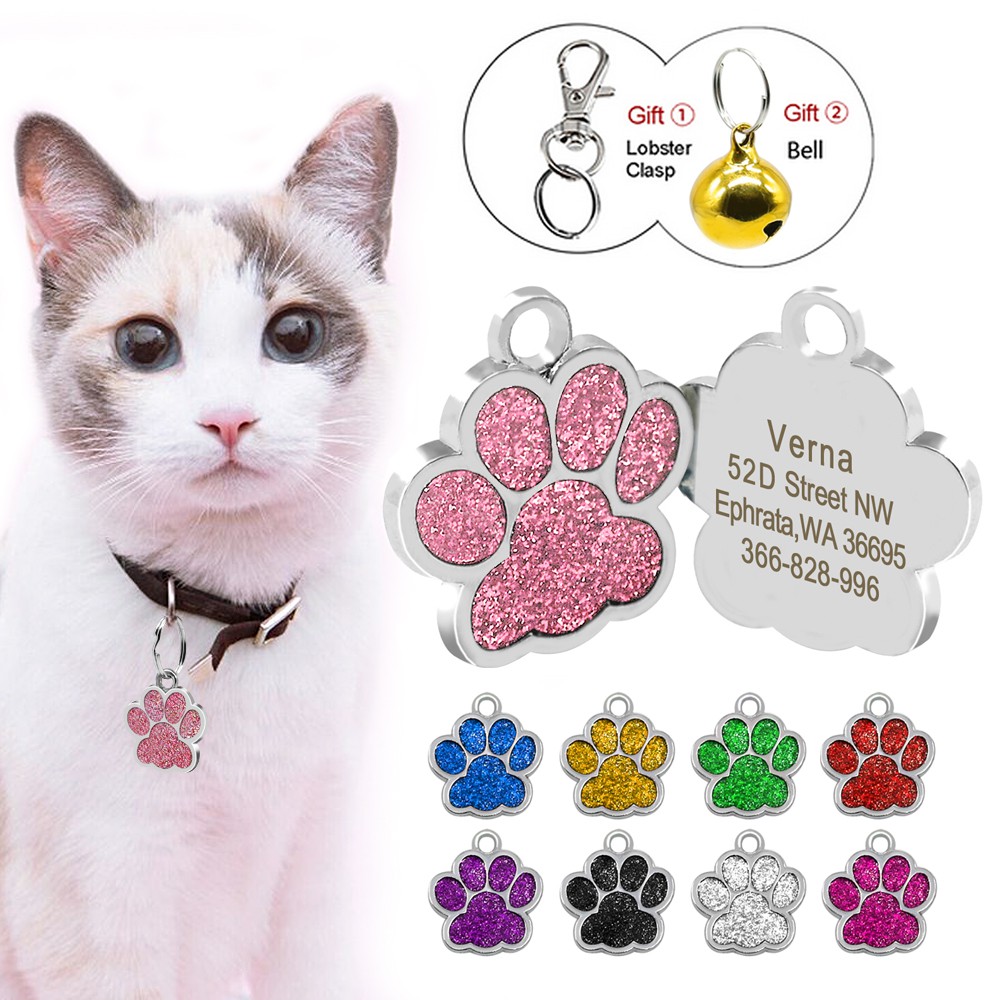 Cute Paw Print Pet Cat Tags Glitter Personalised Puppy ID Tag Dog