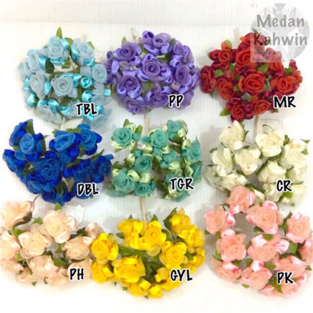 #RZ0017 12 kuntum Bunga Kraftangan Satin Organza siap tangkai kawat @ 9 pilihan