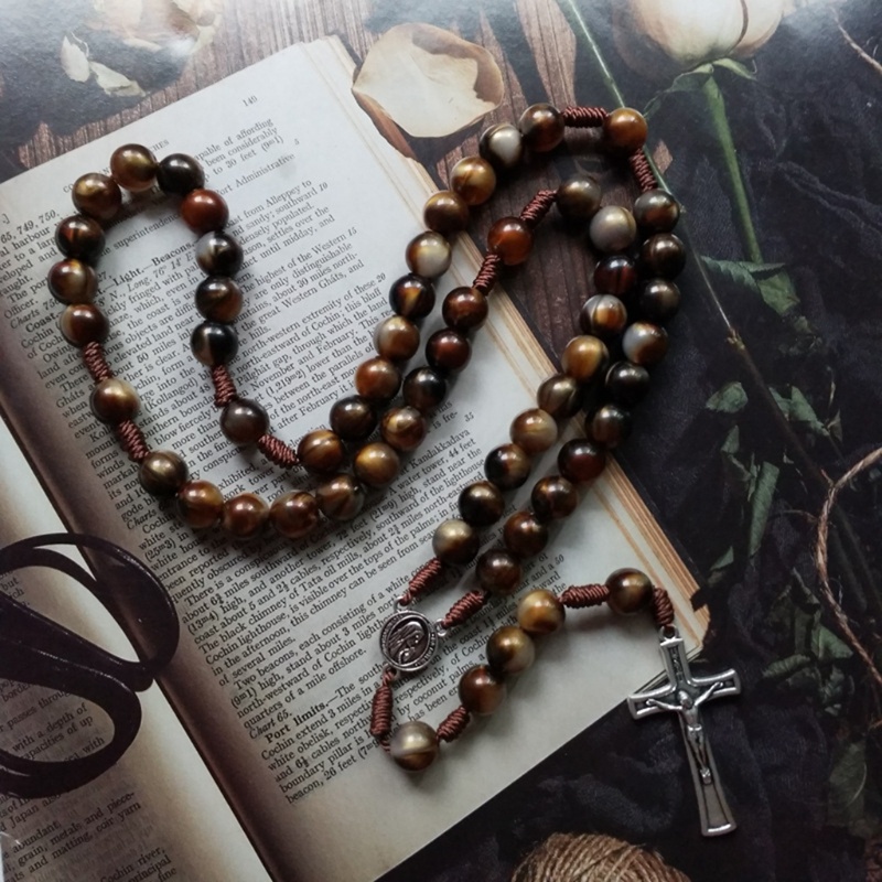 Vintage Rosary Catholic Prayer Beads Necklace Christ Jesus Cross Pendant Necklace Beaded Religious Jewelry Gift