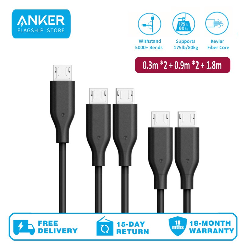 Anker B8133 Combo Powerline Micro Usb Cable 5 Pack 1ft 2 3ft 2 6ft Durable Charging Cable Shopee Malaysia