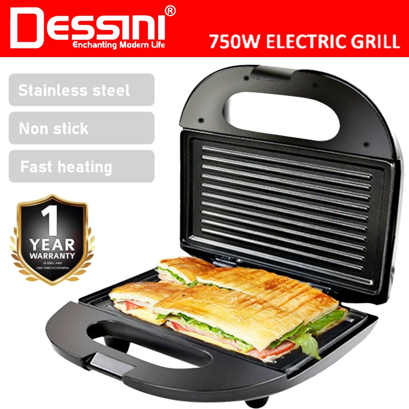 DESSINI ITALY Double Sided Electric Pizza Panini Waffle Sandwich Maker Toaster Barbecue BBQ