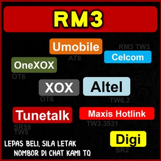 RM3 Topup Reload Termurah Celcom Digi Maxis Tunetalk Onexox Xox Umobile Celcom Altel Hotlink RM1 RM2 Top Up Credit Share