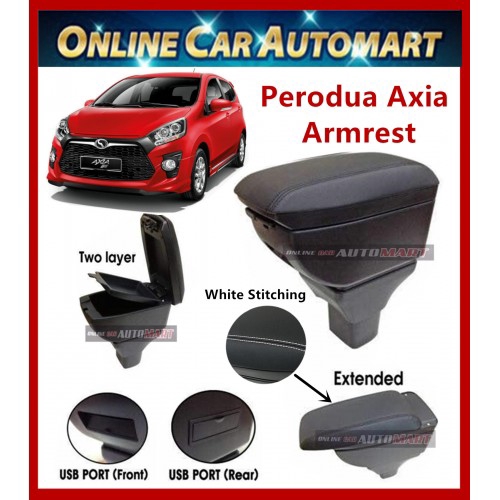 Perodua Axia PVC Adjustable Armrest Console Box Black Leather with USB Charger