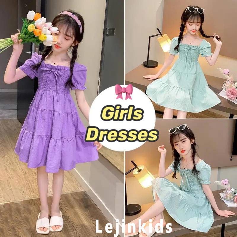 [Ready Stock] 3-16Y Girls dress kids girl dresses Fashion puffed sleeves Princess dress baju budak perempuan childrens clothing purple green