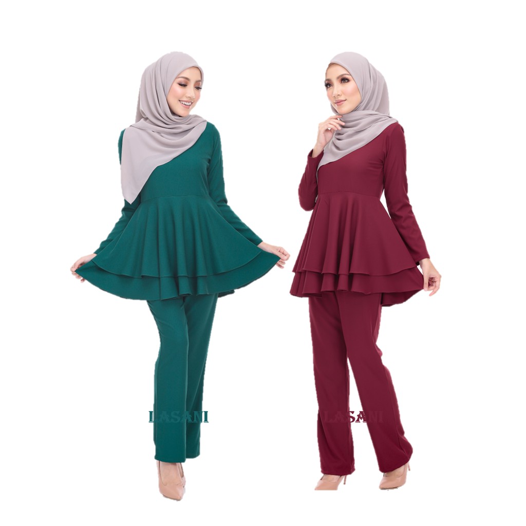 PEPLUM MUSLIMAH CLOTHES LASANI SUIT BLOUSE AND METRIAL COMO CREPE PLAIN MINIMUM RUBBED