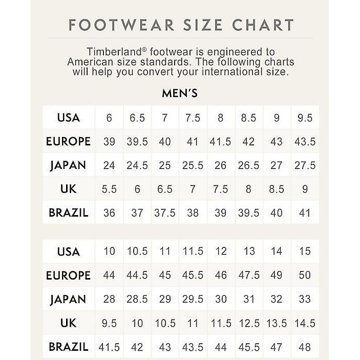 timberland footwear size chart