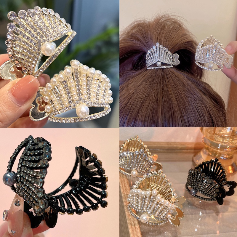 Rhinestone Crown Hairpin Tied High Ponytail Small Size Hair Clip Pearl Hair Chaw Hair Accessories