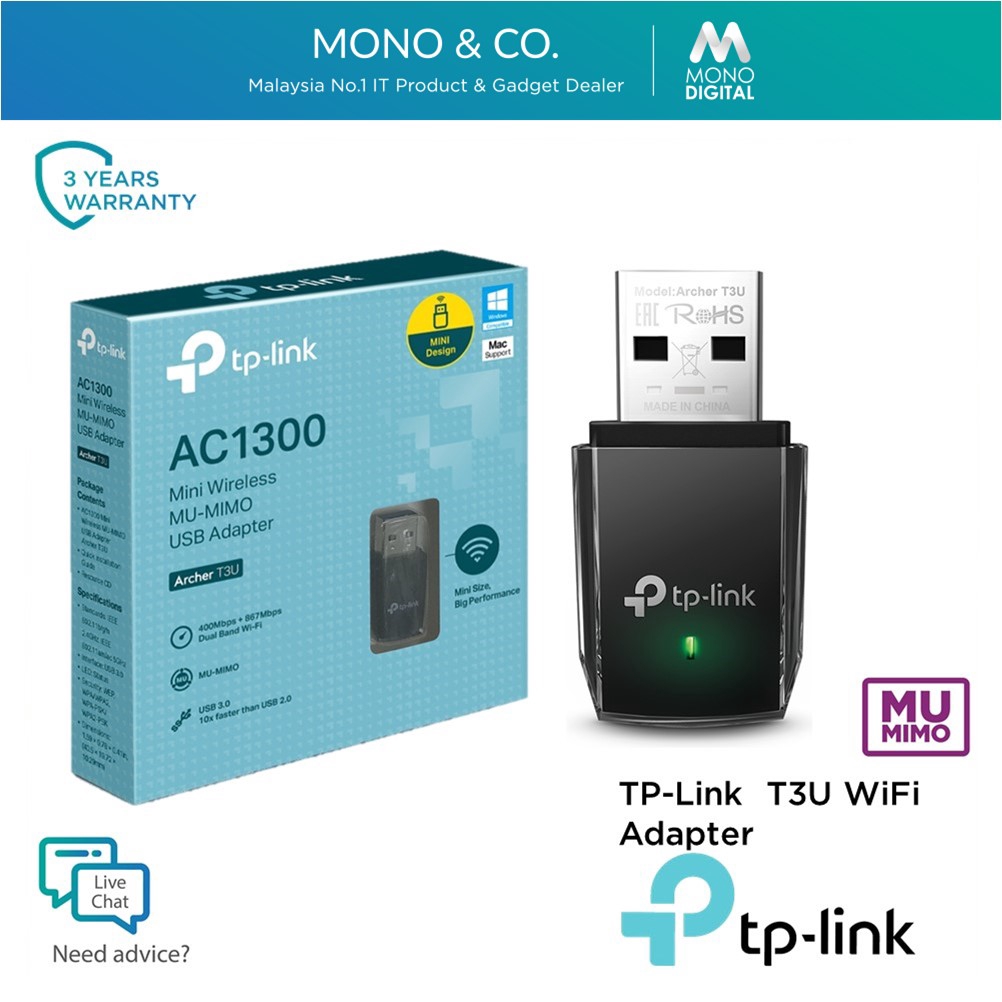 TP-Link AC1300 Mini Wireless MU-MIMO USB WiFi Adapter Archer T3U Dual ...