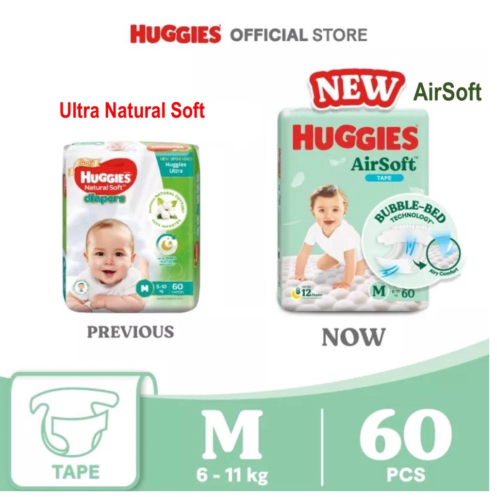 Huggies Ultra Natural Soft / Huggies AIRSoft Diapers M (60 pcs