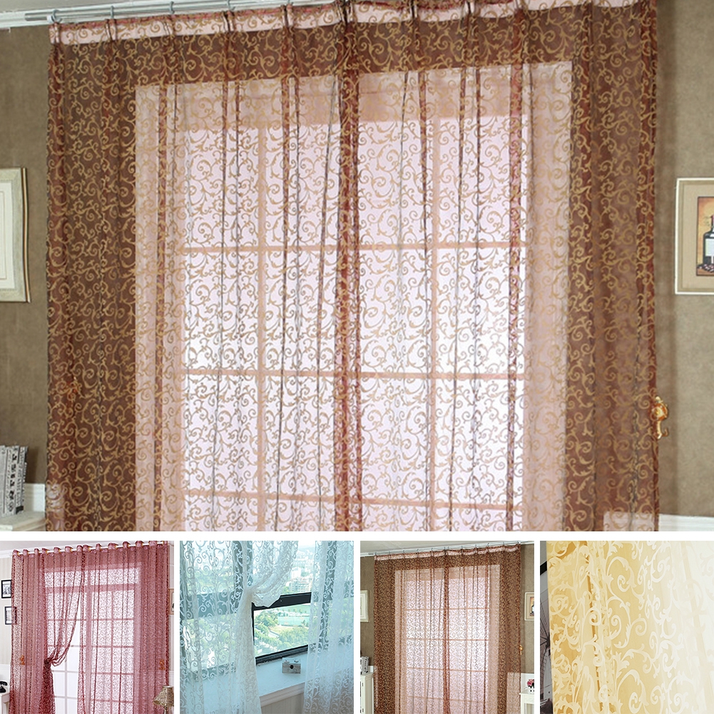 1x2m Translucent Floral Print Tulle Voile Door Window Tassel