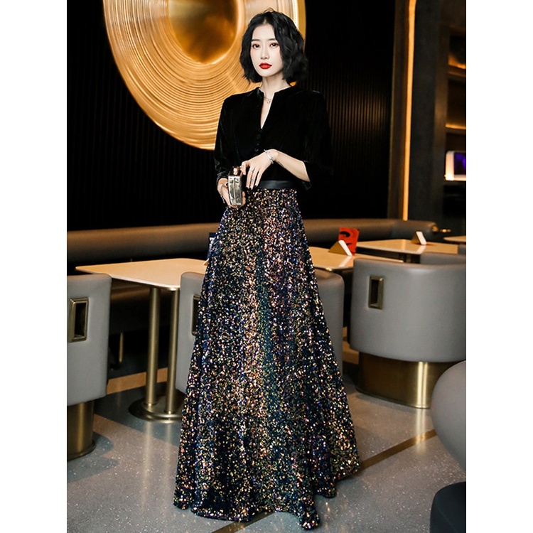 Black Velvet Sequins Temperament Evening Dress Mid Sleeve V-neck Slim Dresses Annual Dinner Banquet Long Host Party Gown