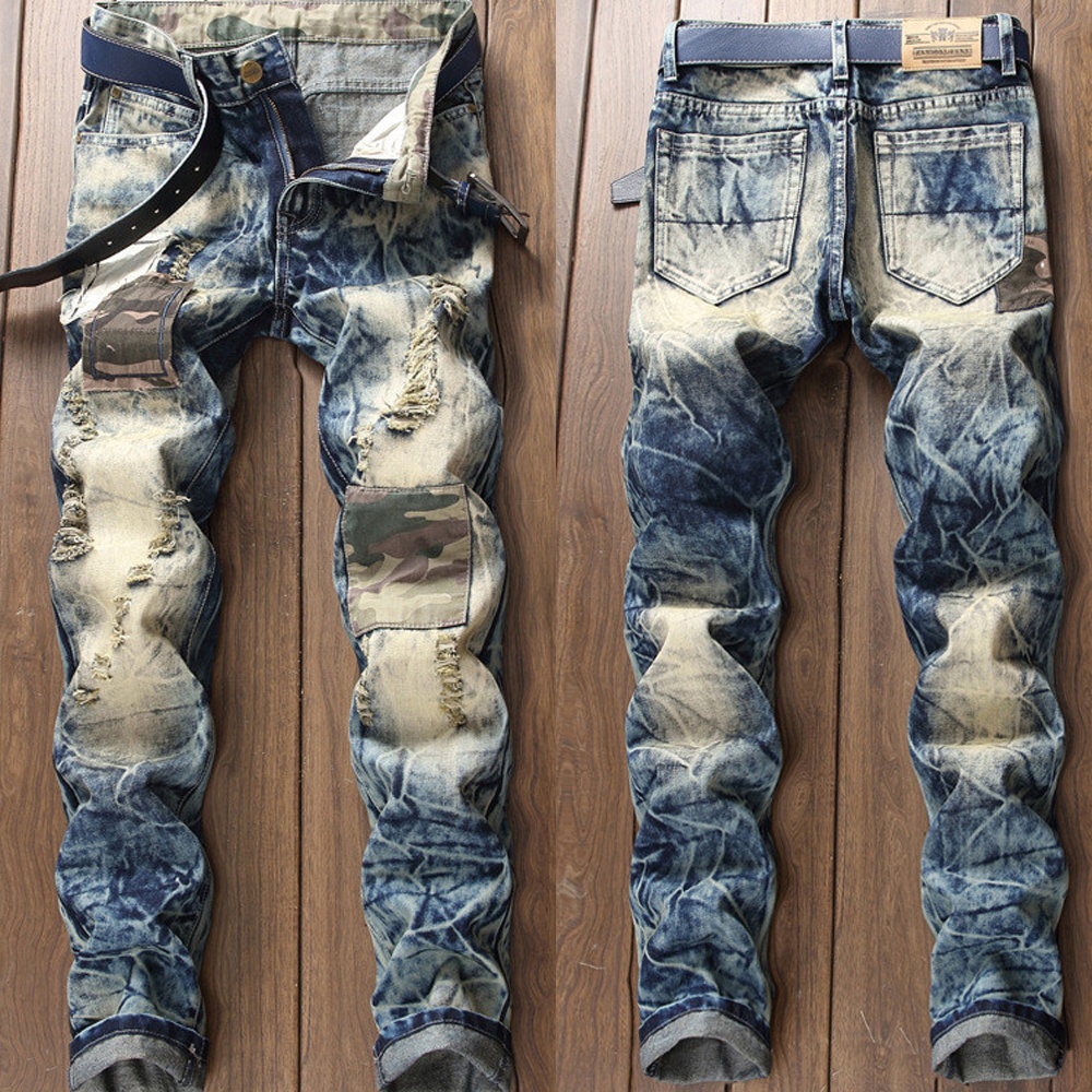 ripped jeans with camo patches