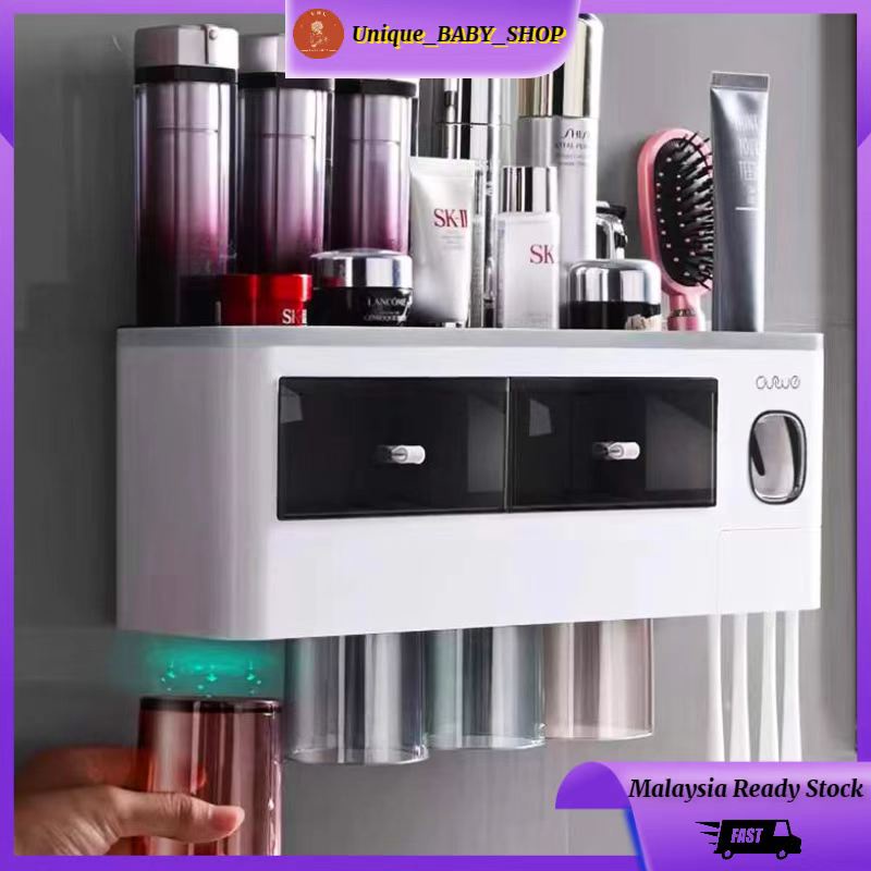 NEW Modern Wall Mounted Toothbrush Holder Toothpaste Dispenser Punch-free Bathroom Toothpaste Storage Rack with Drawer