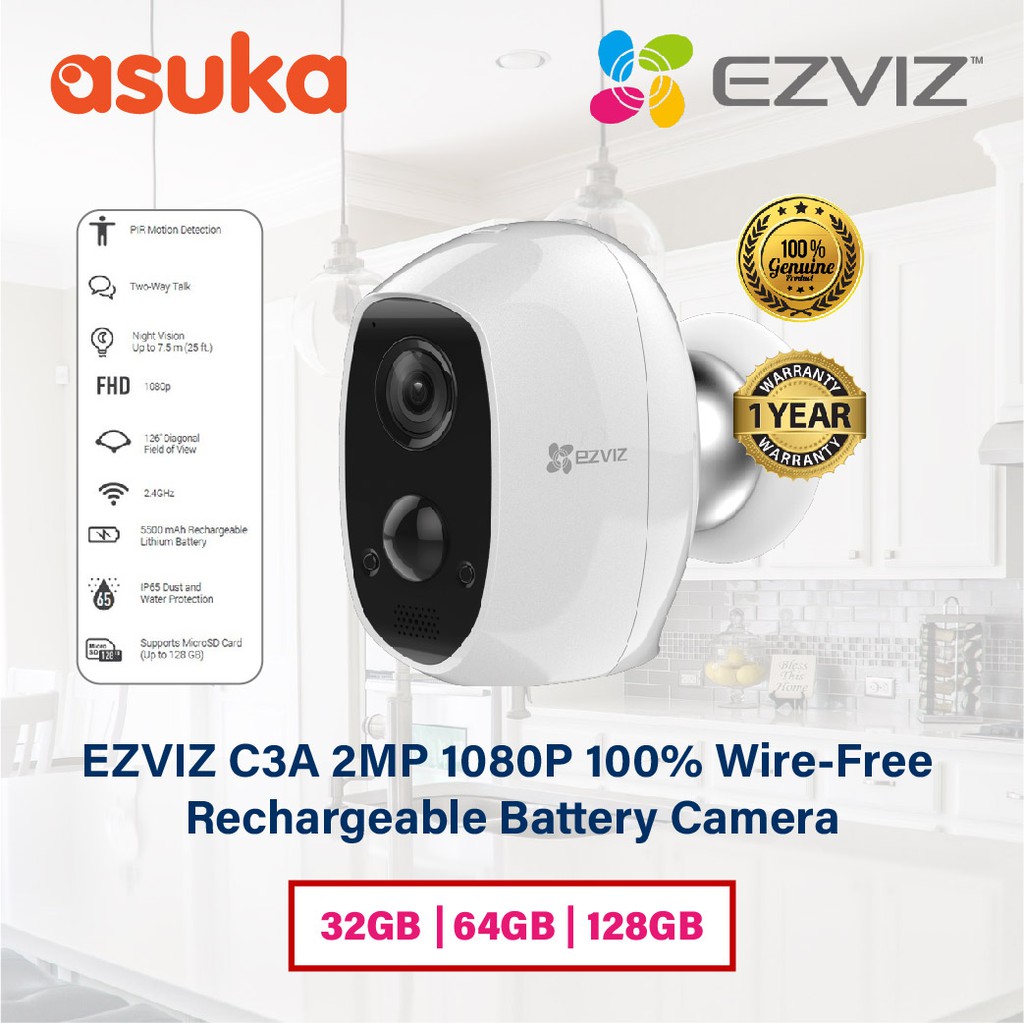 EZVIZ C3A 2MP 1080P 100% Wire-Free Rechargeable Battery Camera - IP65, PIR Motion Detection