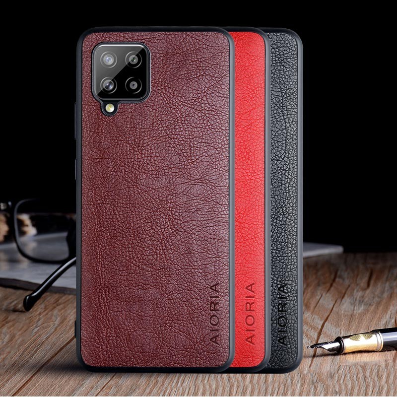 SKINMELEON Casing Samsung A42 5G Case Casing Phone Vintage Litchi Pattern PU Leather TPU Protective Cover Phone Case