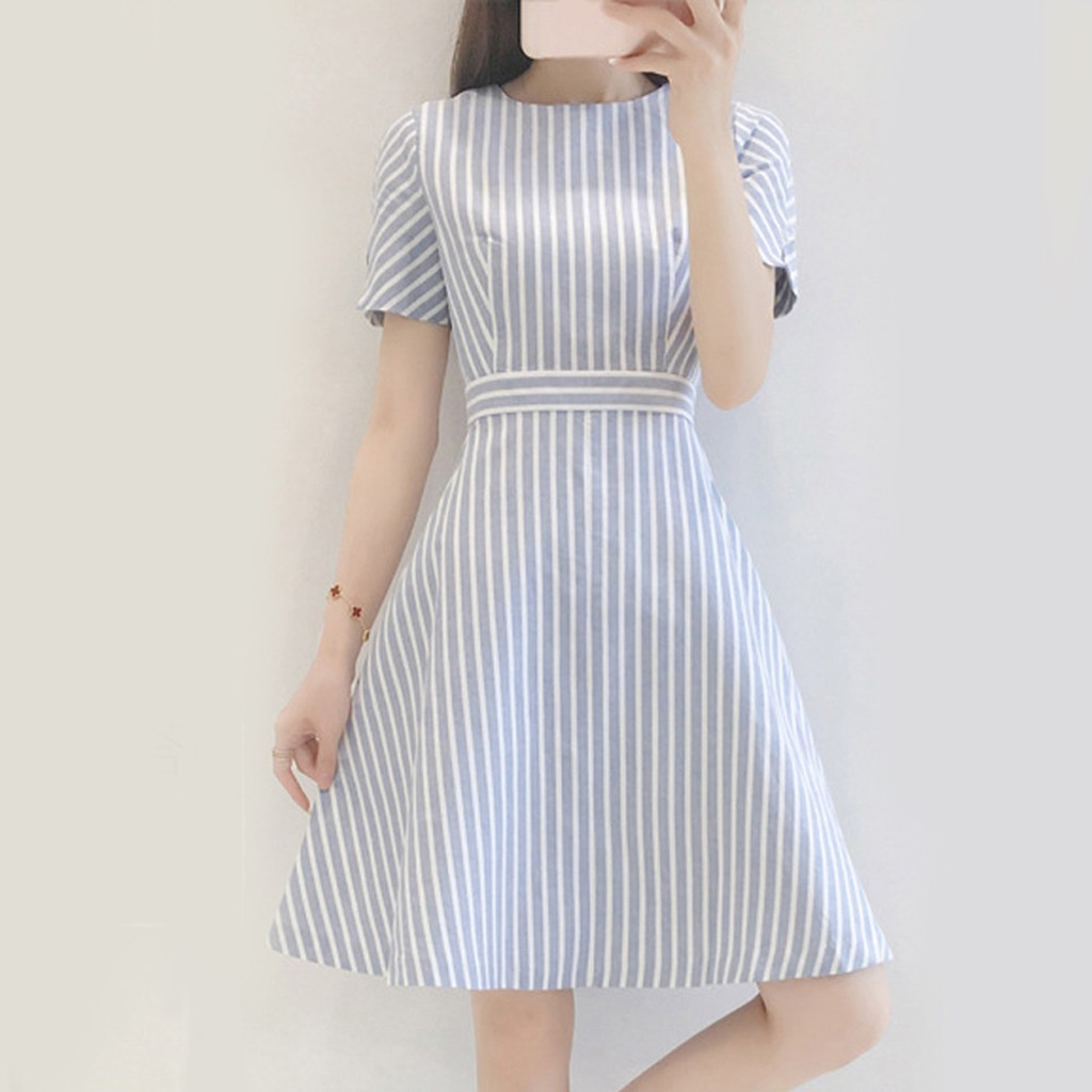 Summer Short Sleeve Dress Simple Stripe Casual Dress Short Dress For Women Girls Shopee Malaysia