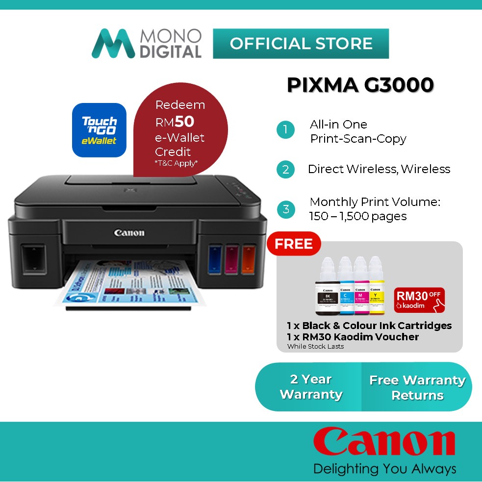 Canon Pixma G3000 Wireless All-In-One Color Printer for High Volume Printing (Print/Scan/Copy)[Free TnG RM50]