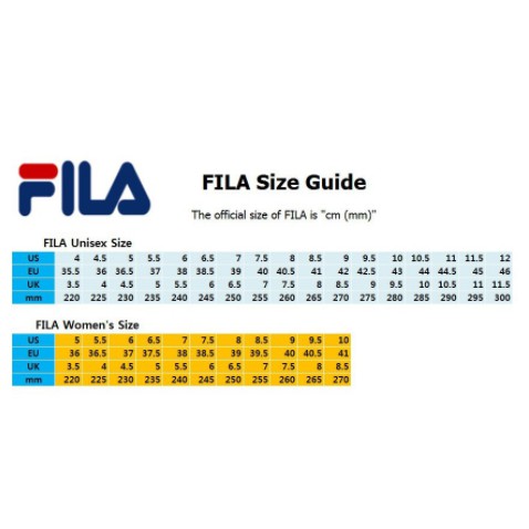 Fila footwear size clearance guide