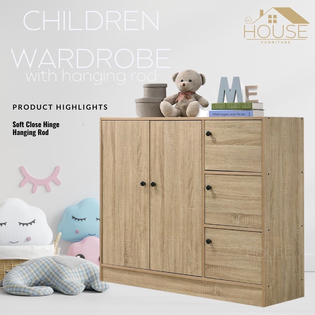 MYHOUSE Furniture Children Wardrobe Cabinet 5 Door Almari Baju Kanak Kanak murah Storage Cabinet with Hanging Rod Oak