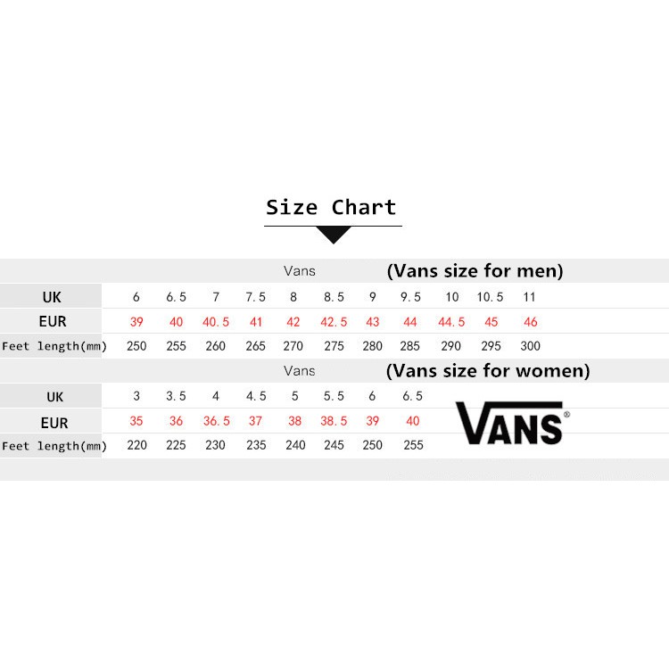 old skool vans size chart