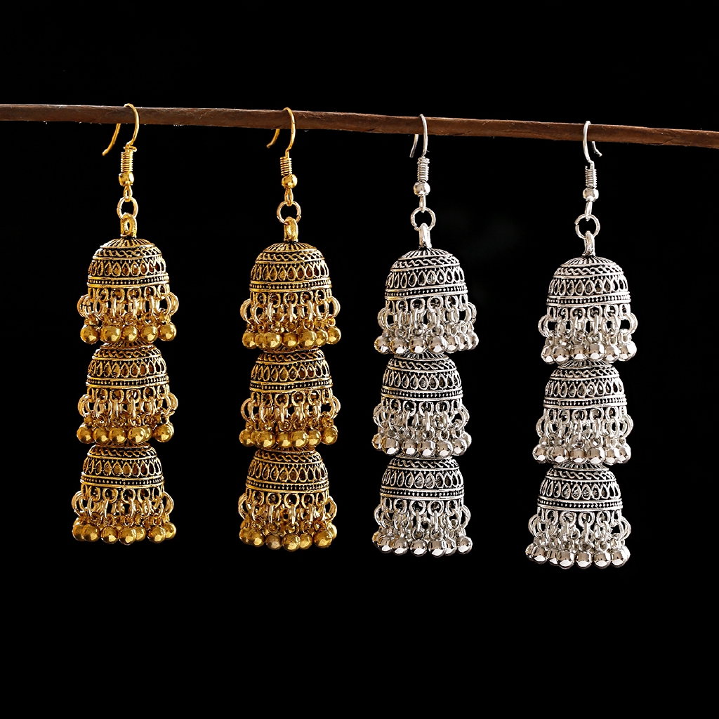 Women Gold Silver Bell Gypsy Tassel Jhumka Fanshaped Bead Indian Tassel Earrings 