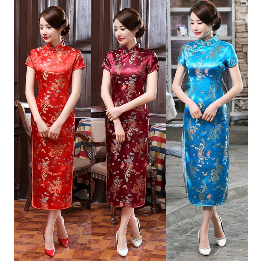 red chinese print dress