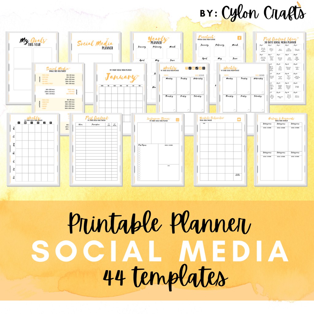 PRINTABLE SMART Social Media Planner-Yellow, Post content ideas tracker/Manager, INSTANT DOWNLOADS