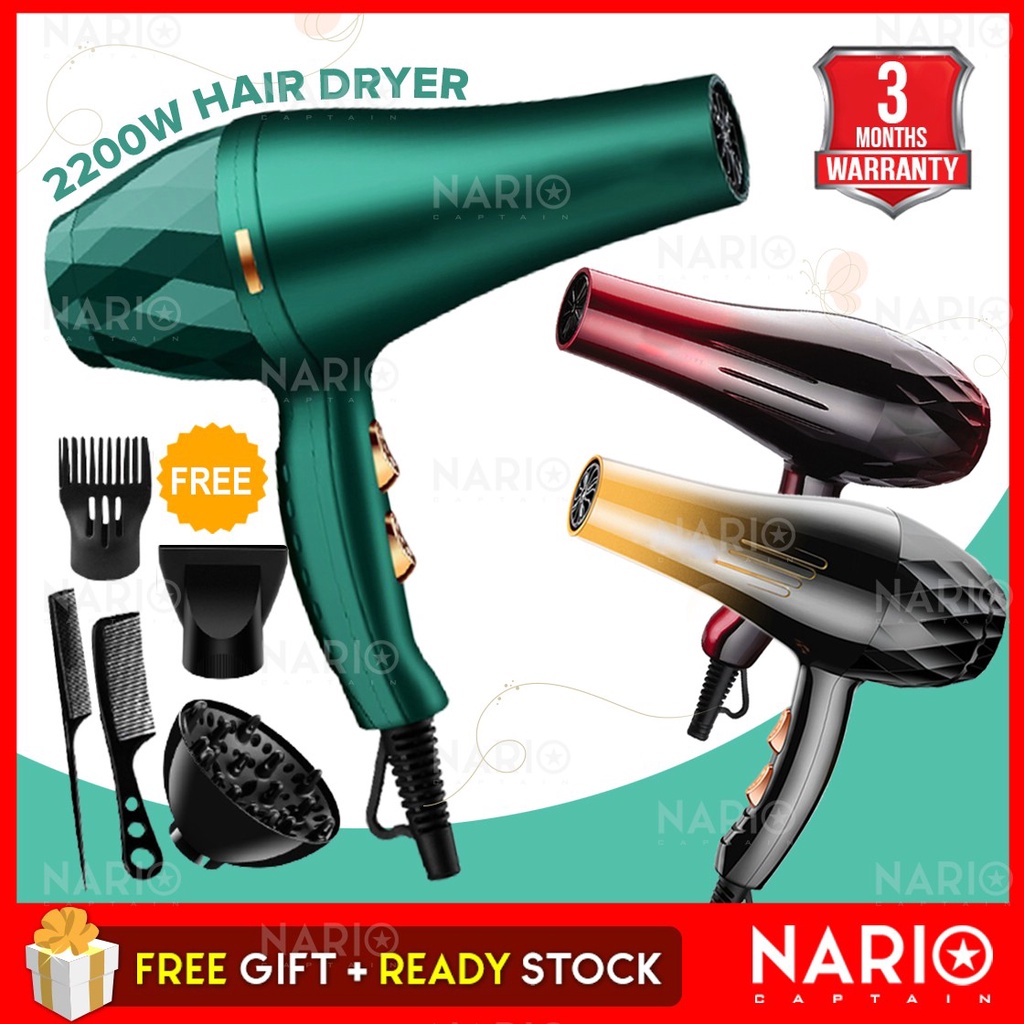 NARIO [ CLEAR STOCK ] Portable 2200W Travel Hair Dryer Strong Wind Ionic Senang Dibawa Pengering Rambut dgn Aksesori