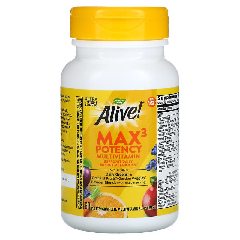 Nature's Way, Alive! Max3 Potency Multivitamin, No Added Iron, 60 / 90 ...