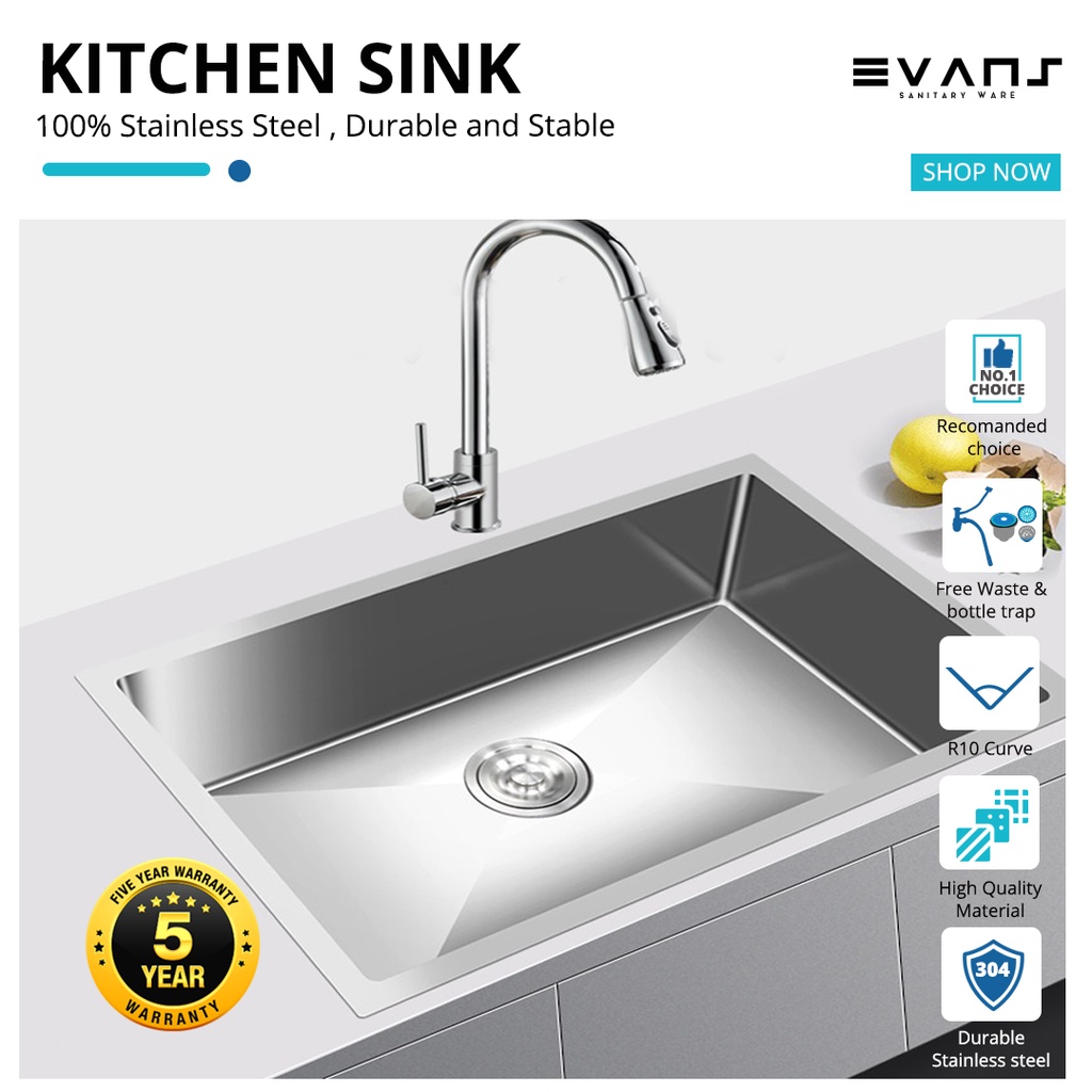 Evans Kitchen Sink Stainless Steel Single Bowl Under Mount Sink, 1.2mm