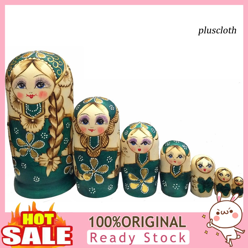 Plu_7Pcs/Set Braided Hair Girl Wooden Russian Nesting Dolls Matryoshka Toy Kids Gift